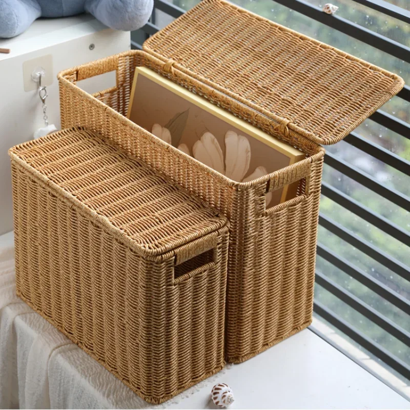 Rattan Wicker Storage Basket Rectangular Woven Laundry Hamper Magazine Holder Organizer Boho Farmhouse Bedroom Living Room Decor