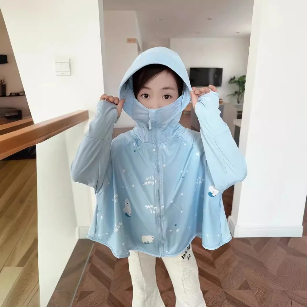 Hat Kids Sunscreen Hoodie with Mask Veil Long Sleeve Arm Sleeves Children Sun Protection Clothing Thin Ice Silk