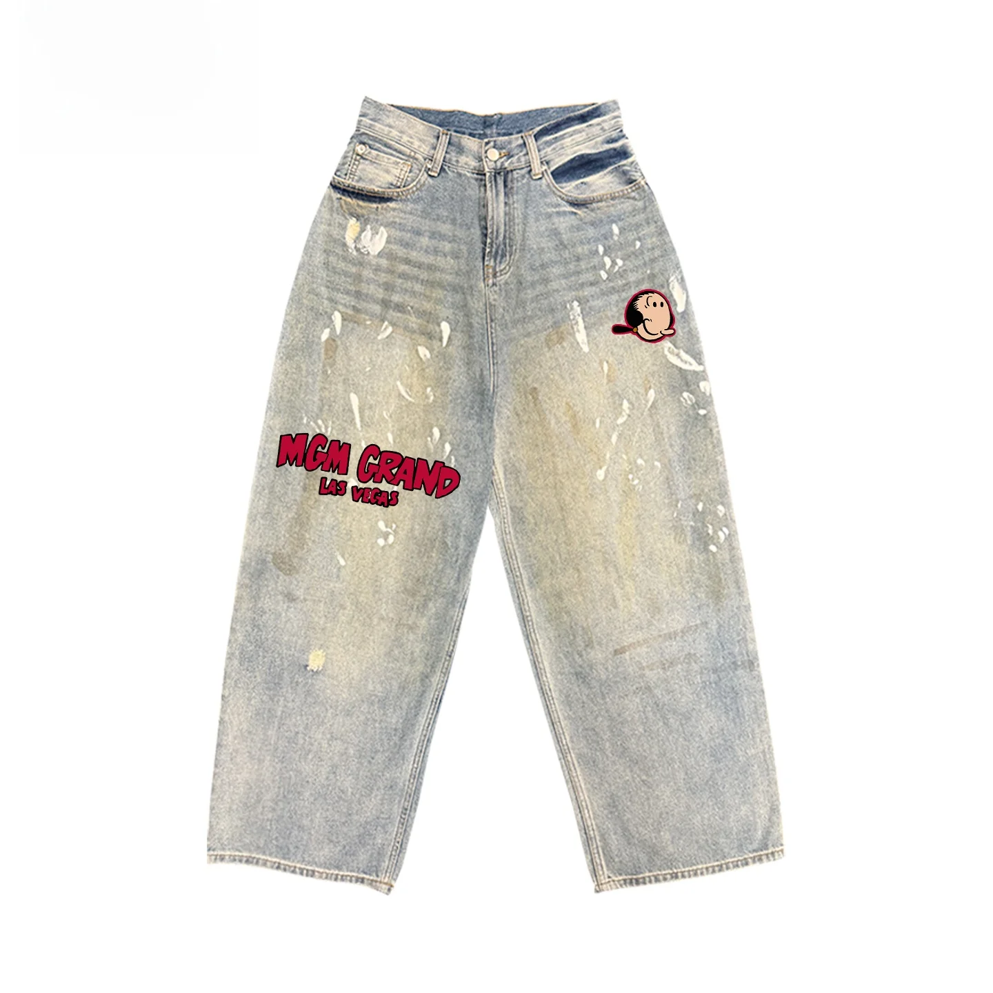Casual Loose Fit Patchwork Denim Jeans for College Students Shoulder-Drifting Style Artistic Blue Cotton Pants for Men
