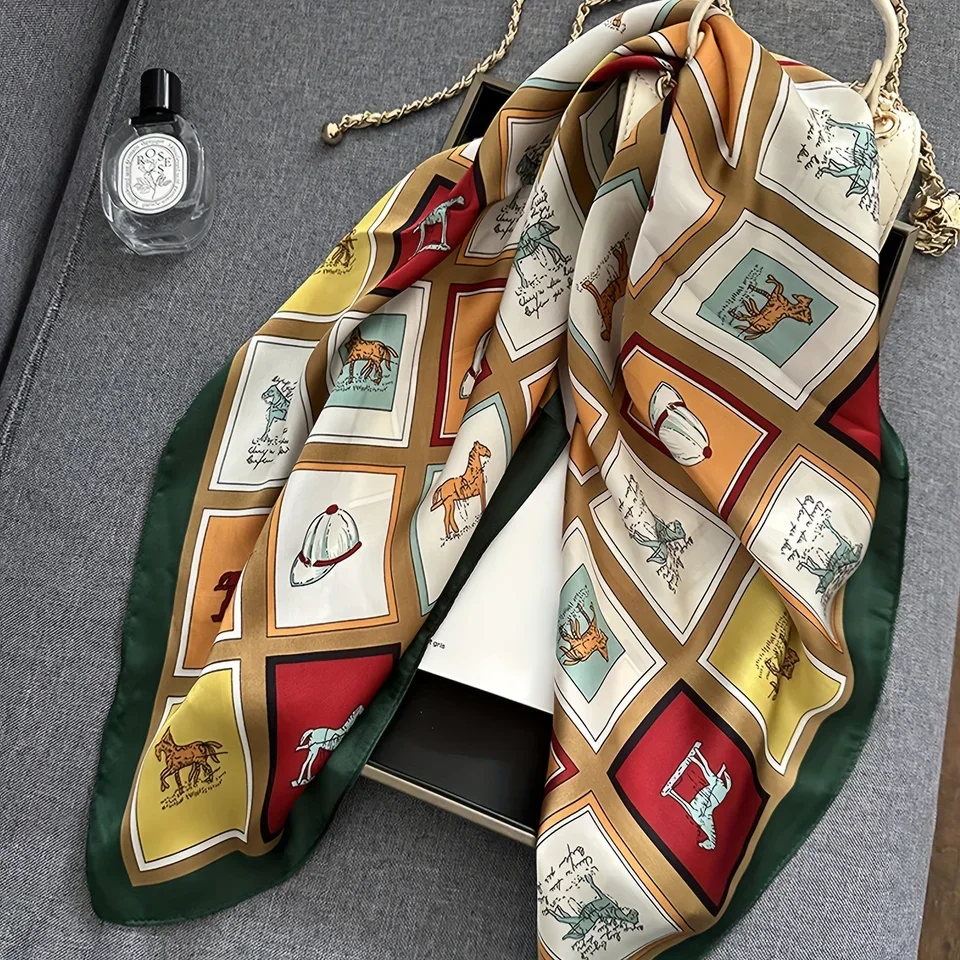 27.55" Grid Horse Print Square Scarf Simulated Silk Neck Scarf Stylish Sunscreen Headscarf For Women