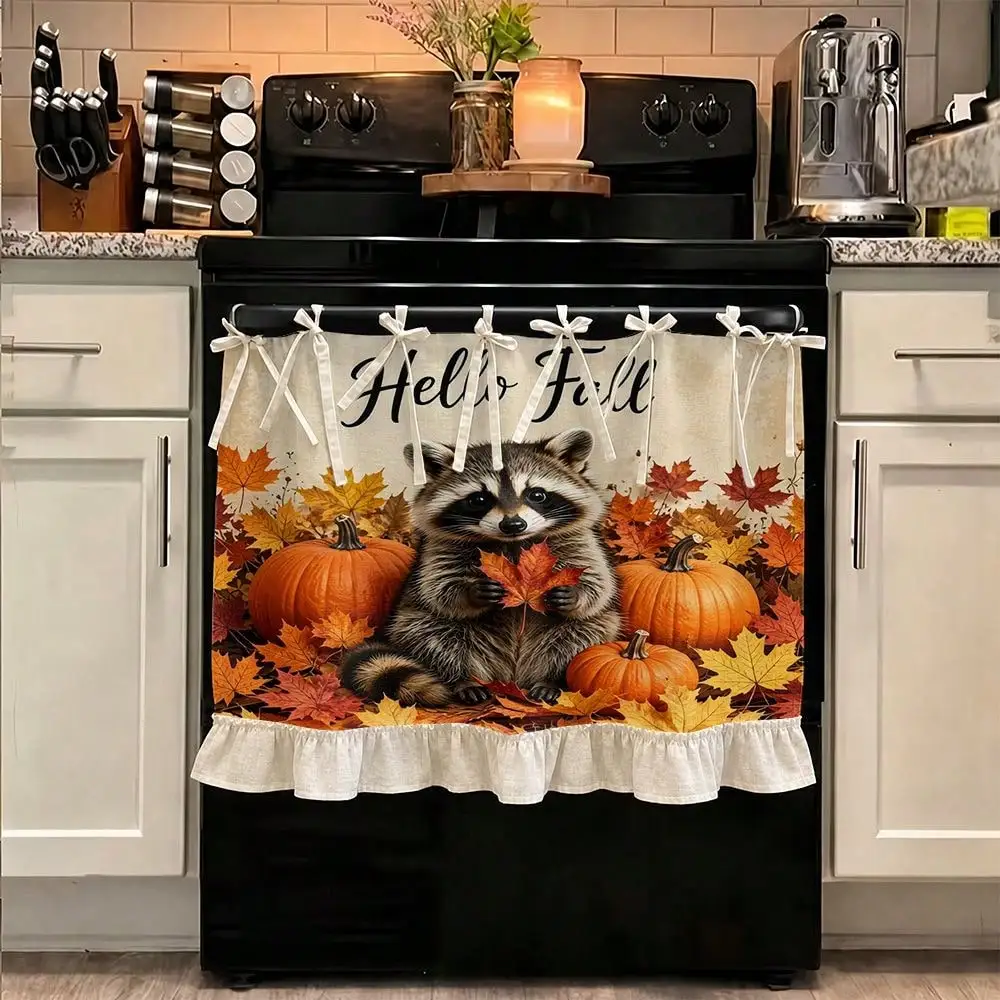 Fall-Themed Fall-Themed Raccoon & Pumpkin Maple Leaf Stove Cover Curtain - Multifunctional Oven with Ruffled Hem & Ribbon Tie, Suitable for Autumn Kitchen Decor, Stove Cover for Stoves/Ovens, Seasonal Home Decoration - Aliexpress Deal