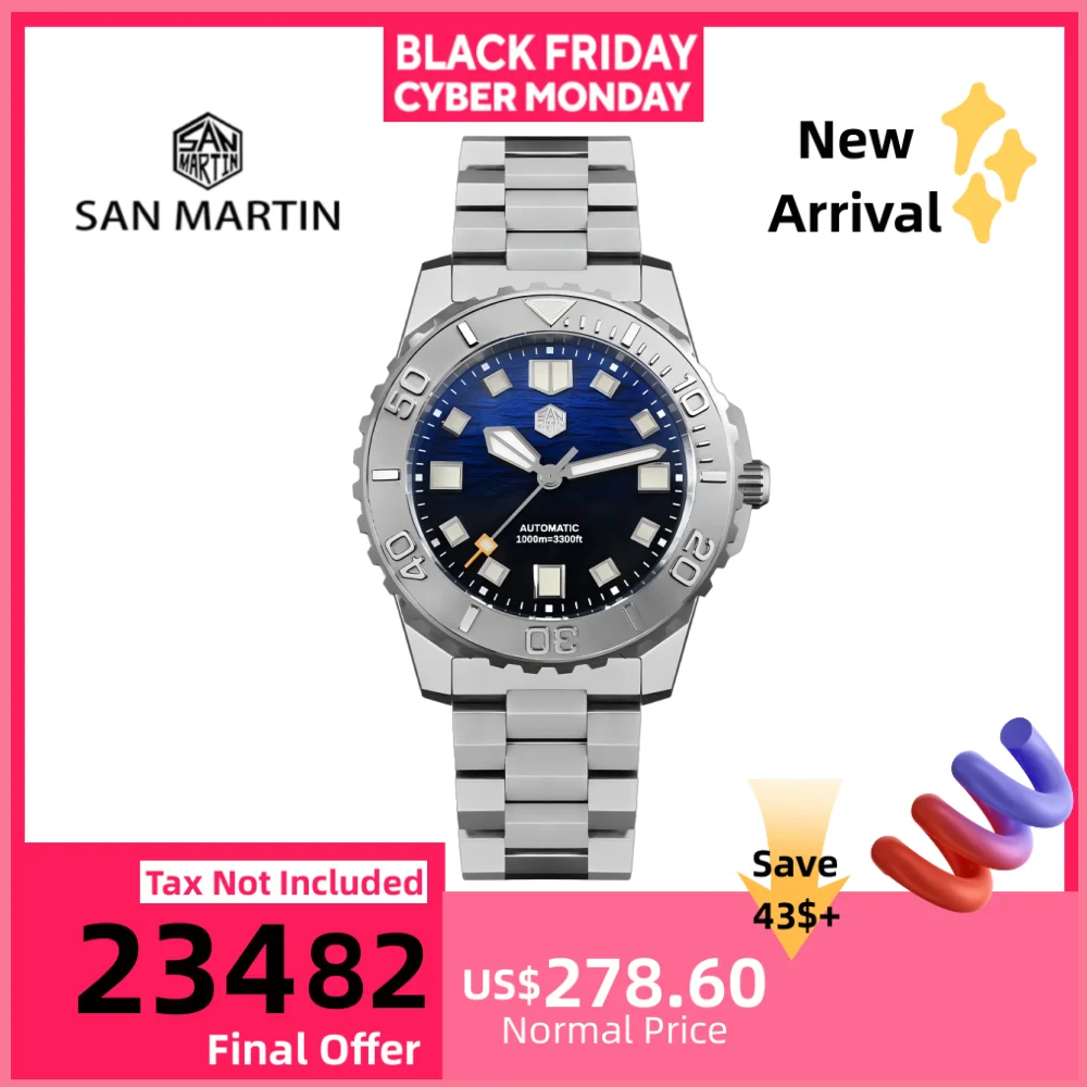 

San Martin 43 мм оригинальные эмалированные градиентные черные синие циферблаты NH35 мужские часы для дайвинга 100ATM гелиевый аварийный клапан BGW-X1 SN0147