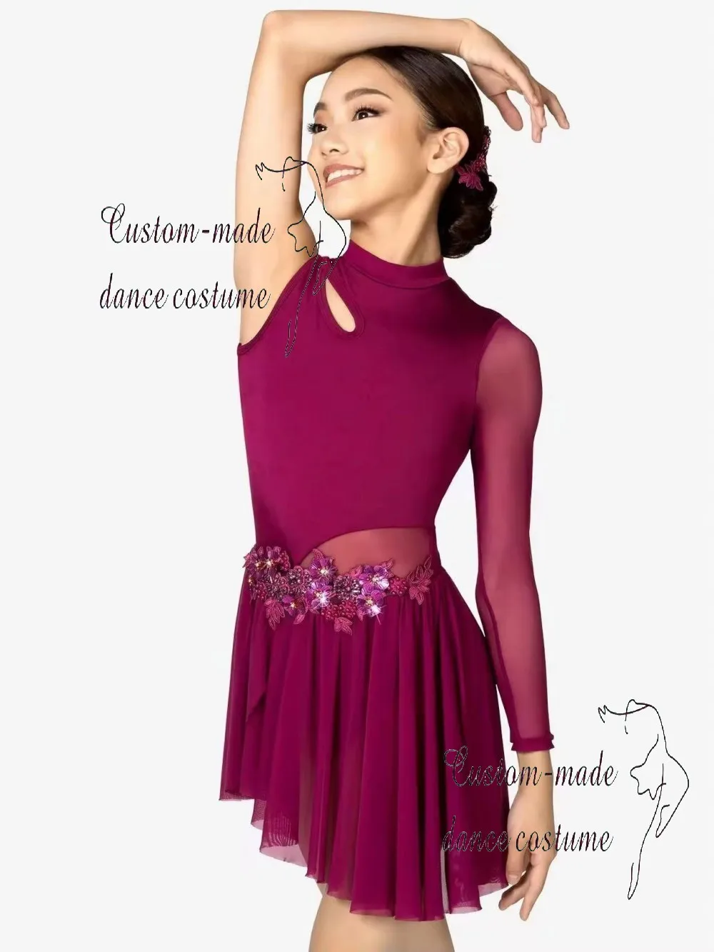 

Burgundy high-neck dance leotard with a single-sleeve cut and floral sequin embellishments at the waist designed for performanc
