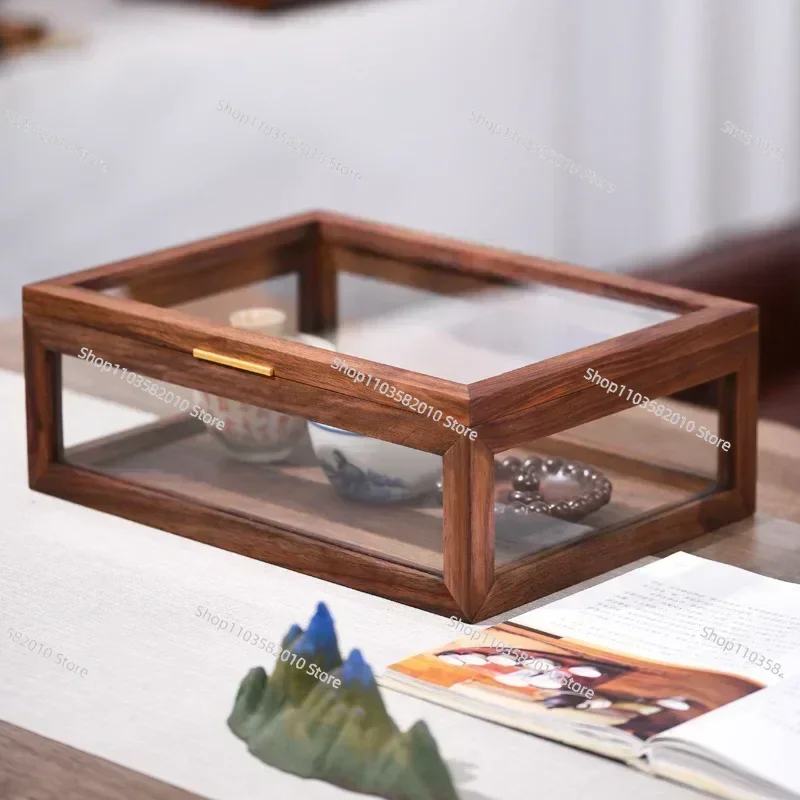 Portable Solid Wood Glass Jewelry Box, Transparent Ring Display Cabinet, Dustproof Simple Shoe Tea Table Wooden Storage