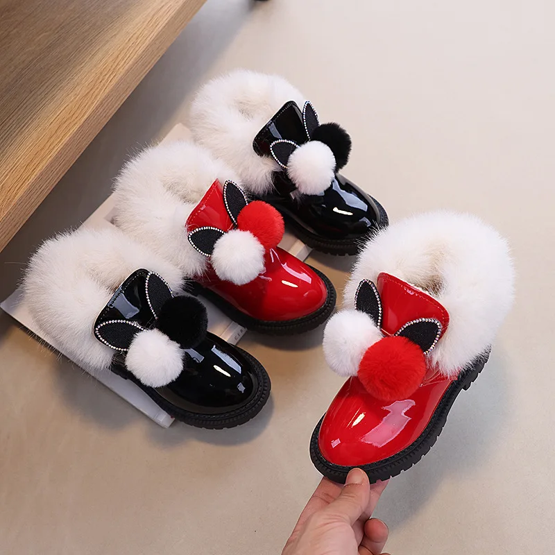 

Girl Winter Boots Glossy PU Children Fashion Ankle Plush Boots Warm Furry Hairball Kids Outdoor Princess Cotton Boots Hook Loop