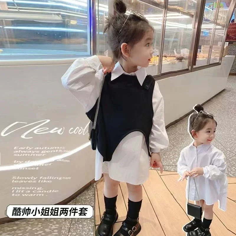 Girls' Shirt Set White Shirt+Black Irregular Vest 2 Pieces 2023 Spring and Autumn Children's Fashion Trend Top