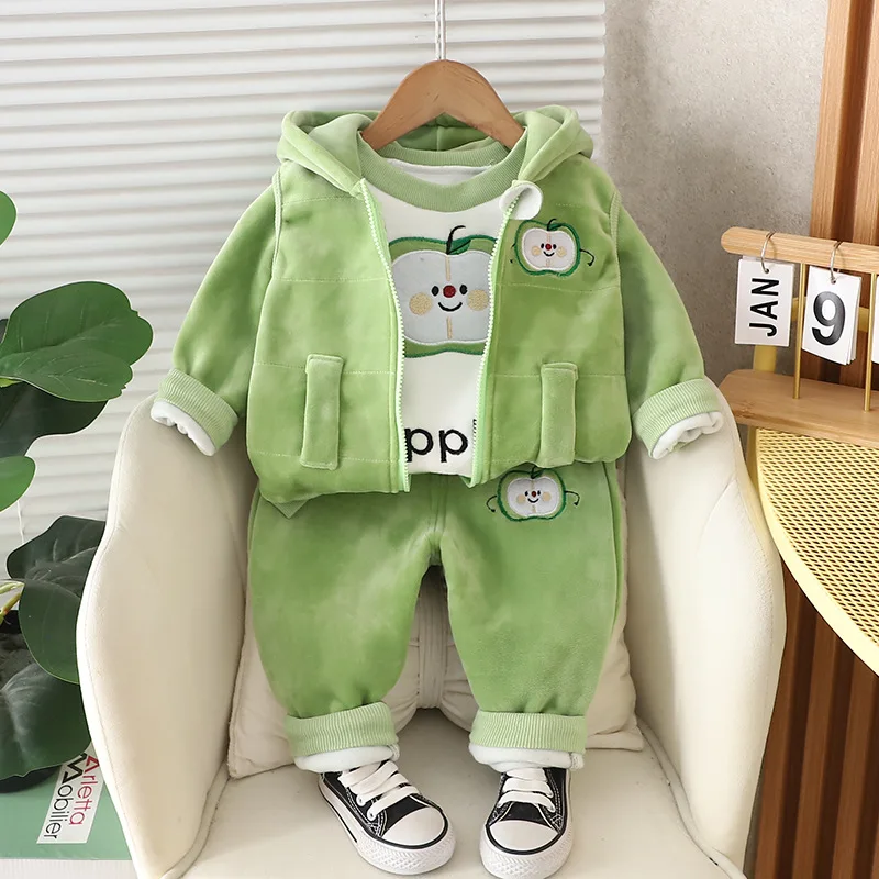 Mother Kids Girl Sets Children Clothing Autumn Warm Baby Boy Long Sleeve Cartoon Outfit Three-piece Trousers Child Suits Clothes