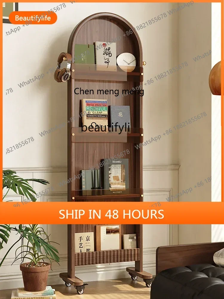 

cn8350 ss Black walnut solid wood full-length mirror movable, full-length mirror landing, magazine rack, newspaper shelf