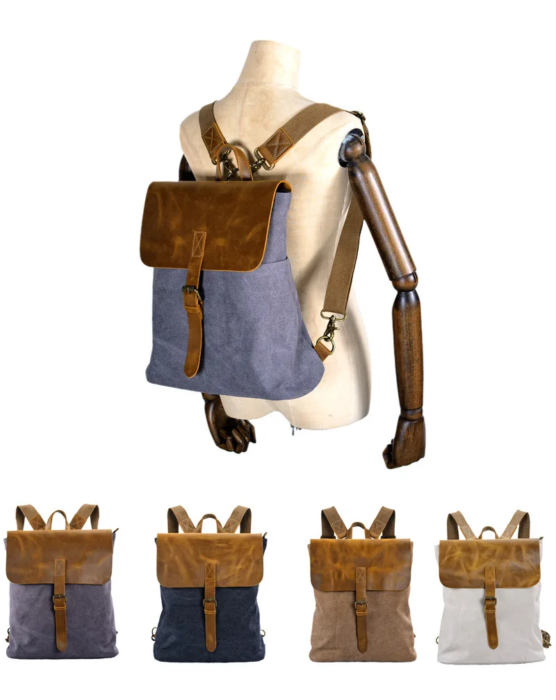 

Винтажный холщовый кожаный рюкзак с раскладушкой, школьный рюкзак, дорожный квадратный рюкзак