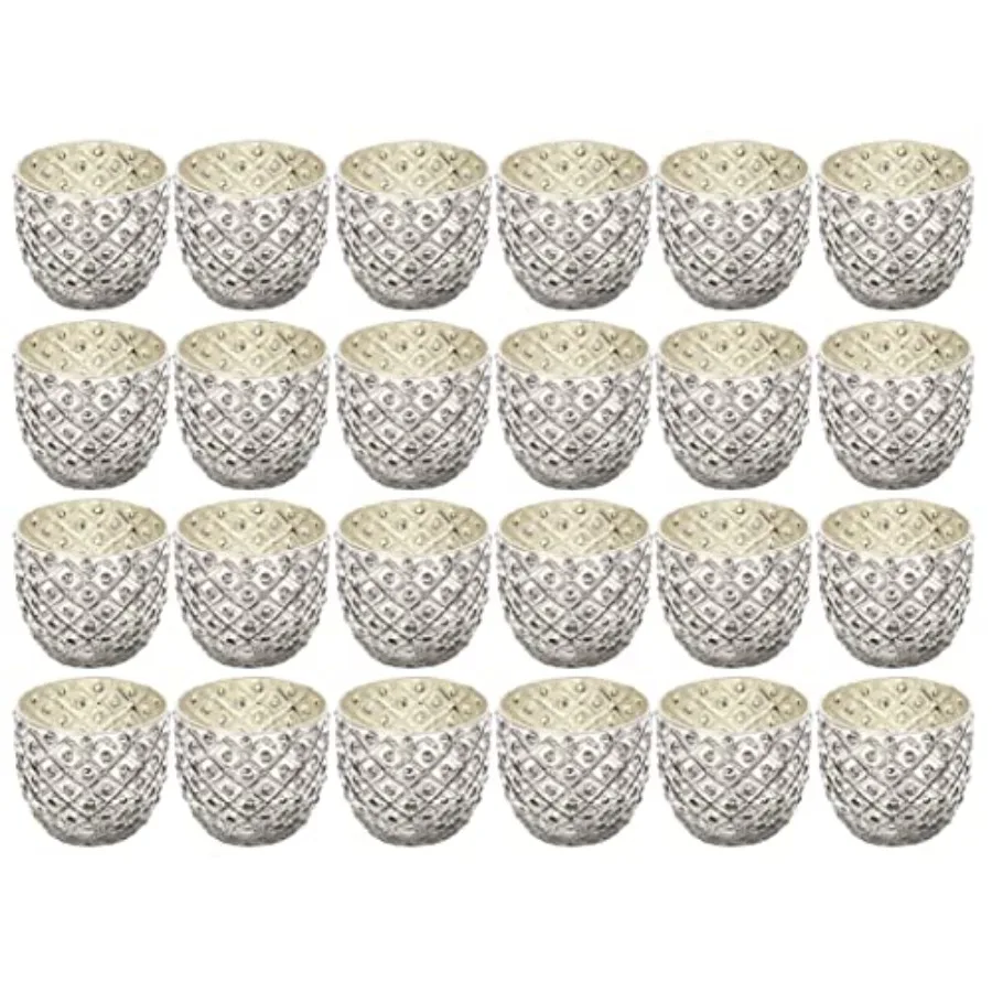

Illuminate Your Space with Elegance Set of 24 Metallic Antique Silver LED Glass Votive/Tea Light Candle Holders - 2.75" Diamete