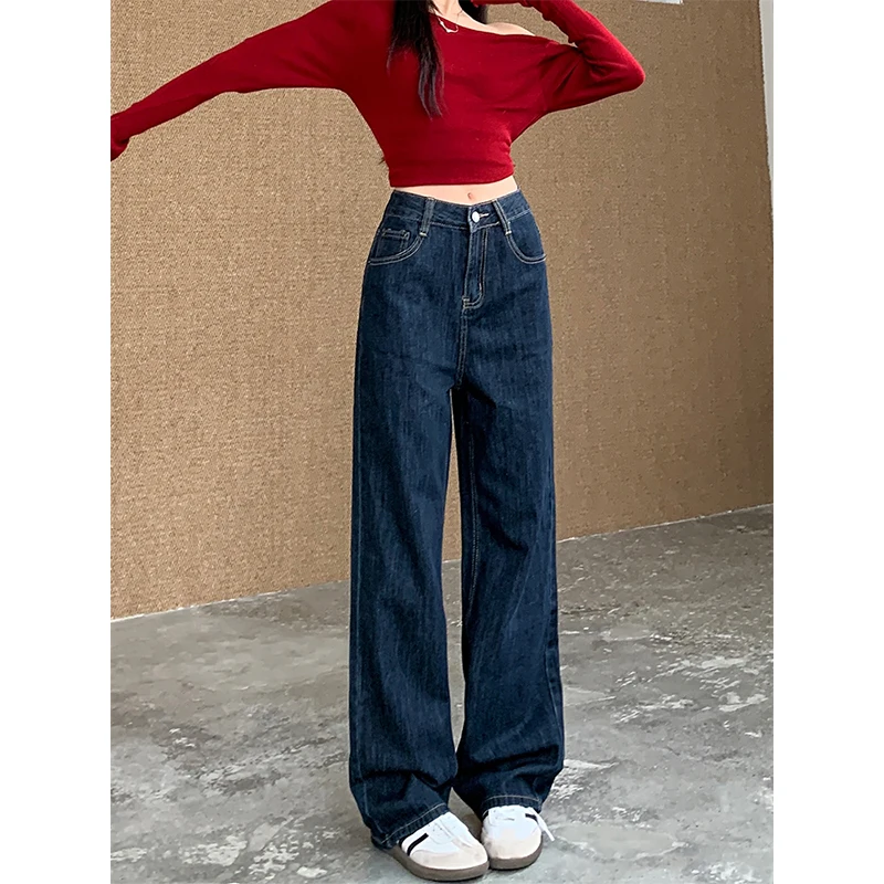 Deep Blue High Waist Wide Leg Denim Jeans Women's Loose Slim Straight Cut Trousers Cotton Stretch Denim Fall 2025 New Style