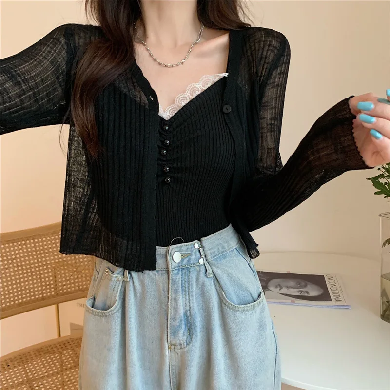 Sunscreen Cardigan Thin Women Ice Silk Knitted Tees Perspective Long Sleeve Top Overlay Simple Casual Slim Fashion Vneck T-shirt