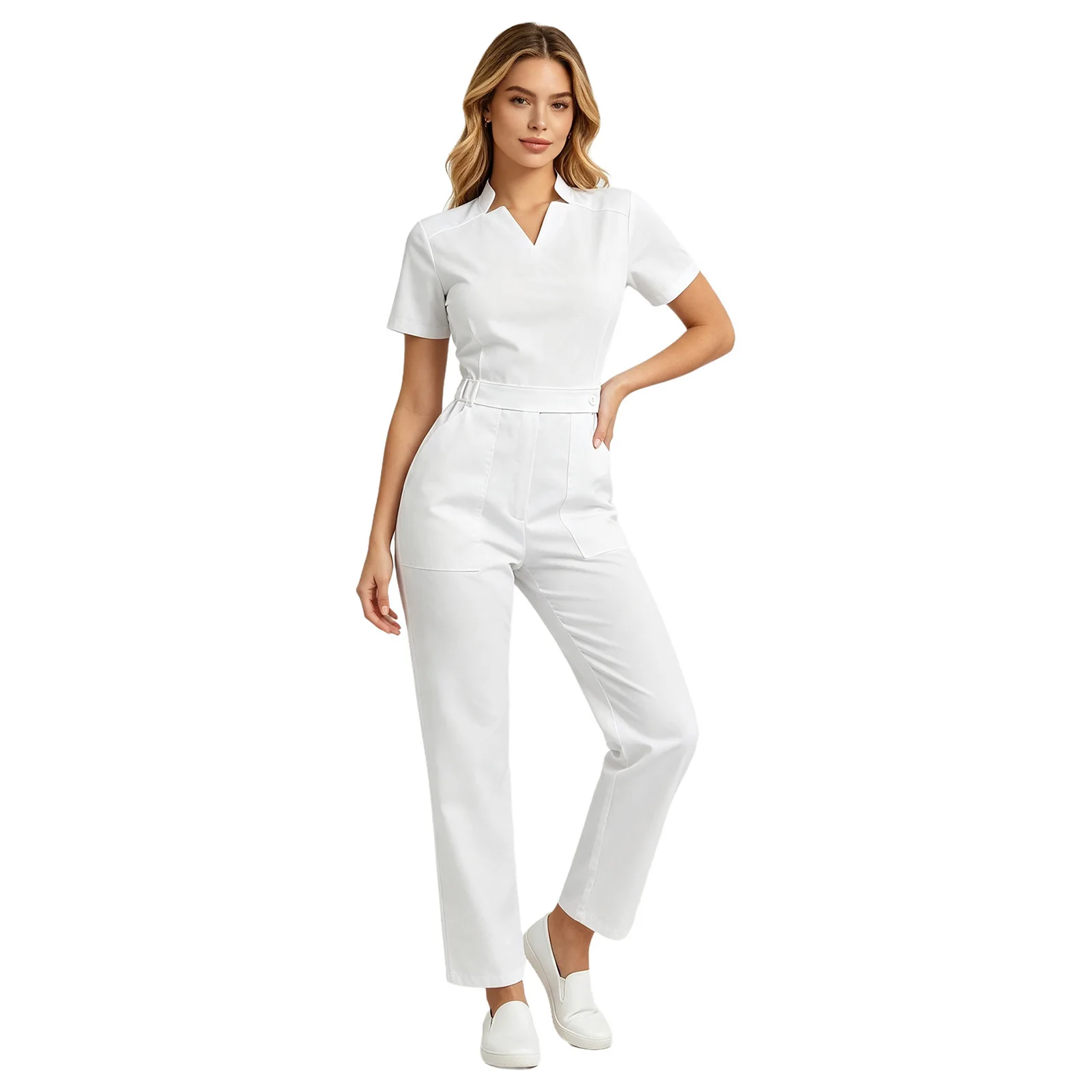 Womens Adult Hospital Nurse Jumpsuit Scrub Uniform V‑Neck Short Sleeve Waist Strap Large Pockets Coveralls Medical Work Outfit