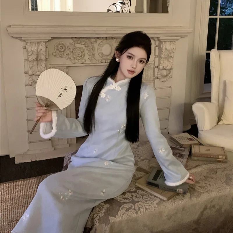 Thiened Floing nuevo chino Sle Dr mujer Otoño Invierno nuevo bordado Retro mejorado falda acampanada de cintura alta