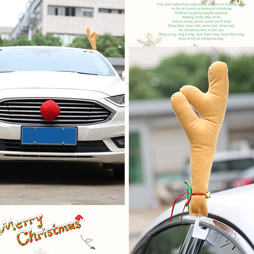 

1Set Christmas Car Decor Reindeer Antlers Nose Small Size Easy Install Jingle Bells Holiday Decoration Xmas Accessories