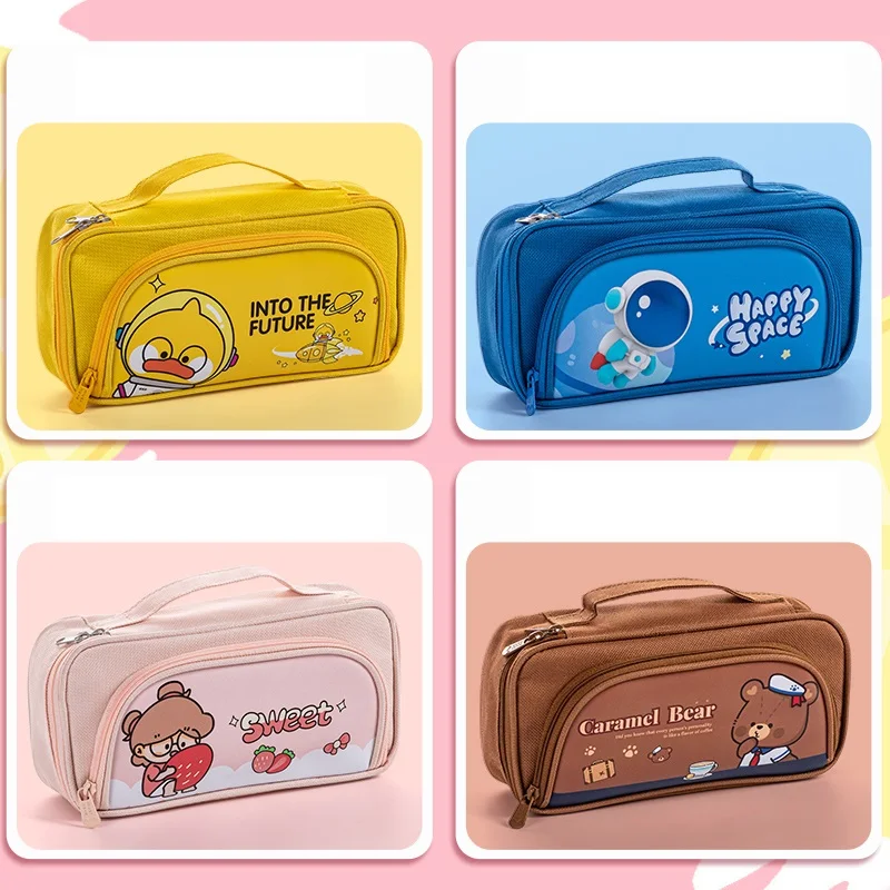 Cartoon Pencil Bag Pen Case Kawaii PU & Canvas Handbag Multi Slot Mesh Pocket Storage Pouch for Stationery School A7293