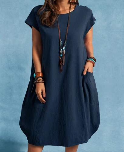2025 Europa y América Comercio exterior transfronterizo Nuevo vestido casual suelto con cuello redondo y bolsillos sólidos