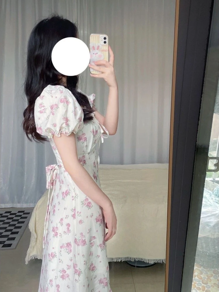 Short Sleeve Dresses Women Floral Mid-calf Drawstring Lovely Temperament Females Vintage Sweet Платье Женское High Waist Korean