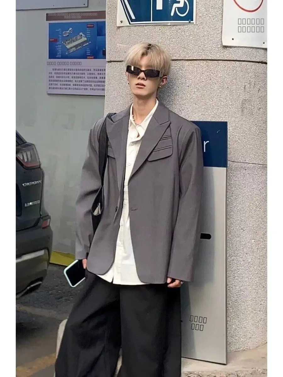 

Casual Hong Kong Sle Men's Jaet 2025 Trendy Loose Fit Polyester Fiber Long Sve Double Breasted Coat for Spring Autumn