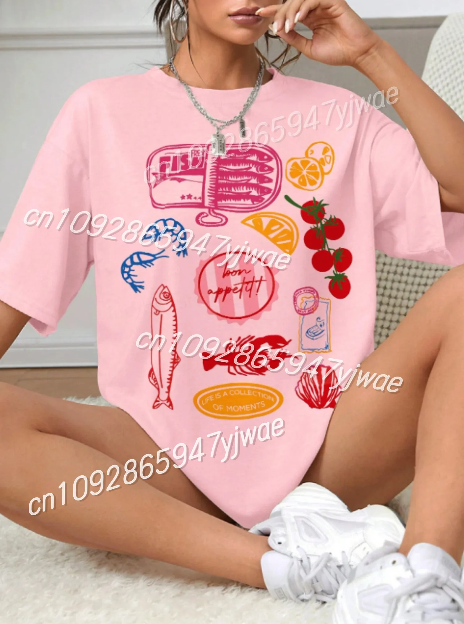 새로운 여성 정어리 랍스터 프린트 오 넥 반팔 티셔츠 여름 티 데일리 웃긴 오버 사이즈 스포츠 캐주얼 패션 티셔츠