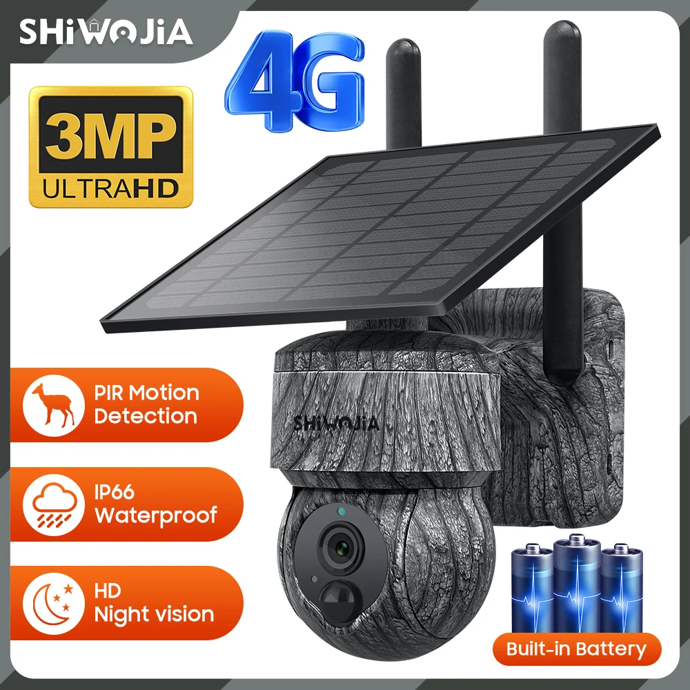 

SHIWOJIA 3MP/4MP 4G Solar Camera Outdoor PIR Motion Detection 4G SIM /WIFI Wireless Waterproof Color Night Vision Wildlife Cam