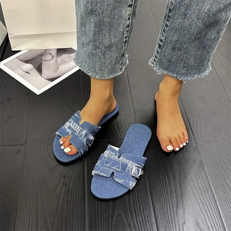 Nowe Denimowe Pantofle Damskie Buty Antypoślizgowe Wygodne Letnie Płaskie Pantofle Damskie Klapki Outdoor Beach Casual Shoes Duży Rozmiar 43