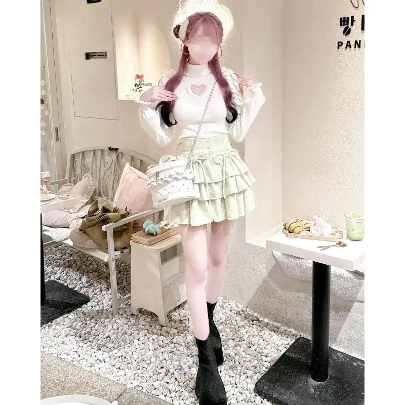 

2026 Spring New Tweed Ruffled Cake Short Skirt High Waist Versatile Multi-layer Pleated Bow Tie Sweet Cute Women Mini Skirts