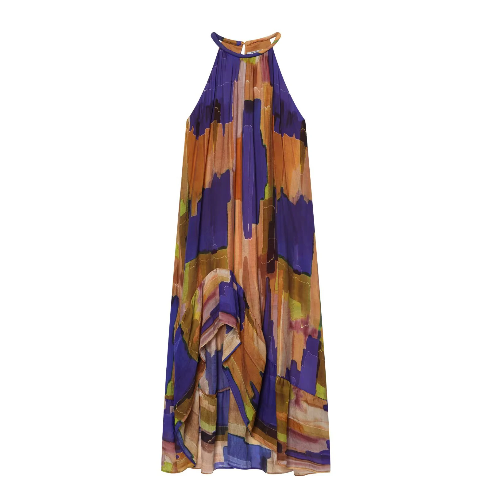 

2026 Summer New Product Women's Vacation Style Fashion Hanging Neck Collar Asymmetric Hemp Printed Dress