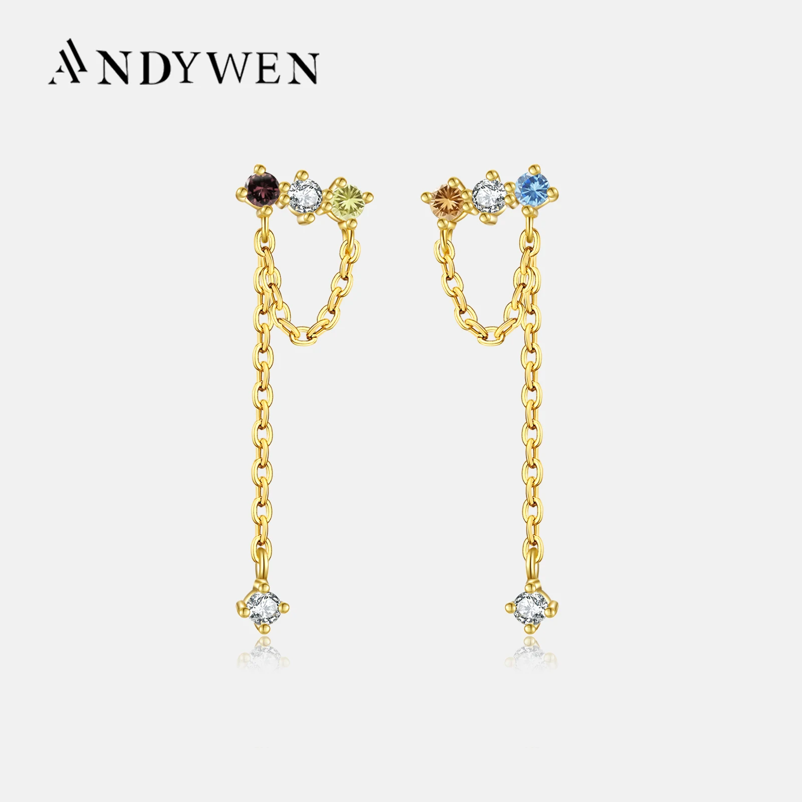 

ANDYWEN 925 Sterling Silver Long Chain Four Zircon Stud Earring Mana Gold Piercing Luxury Fine Jewelry Pendiente Five Jewelry