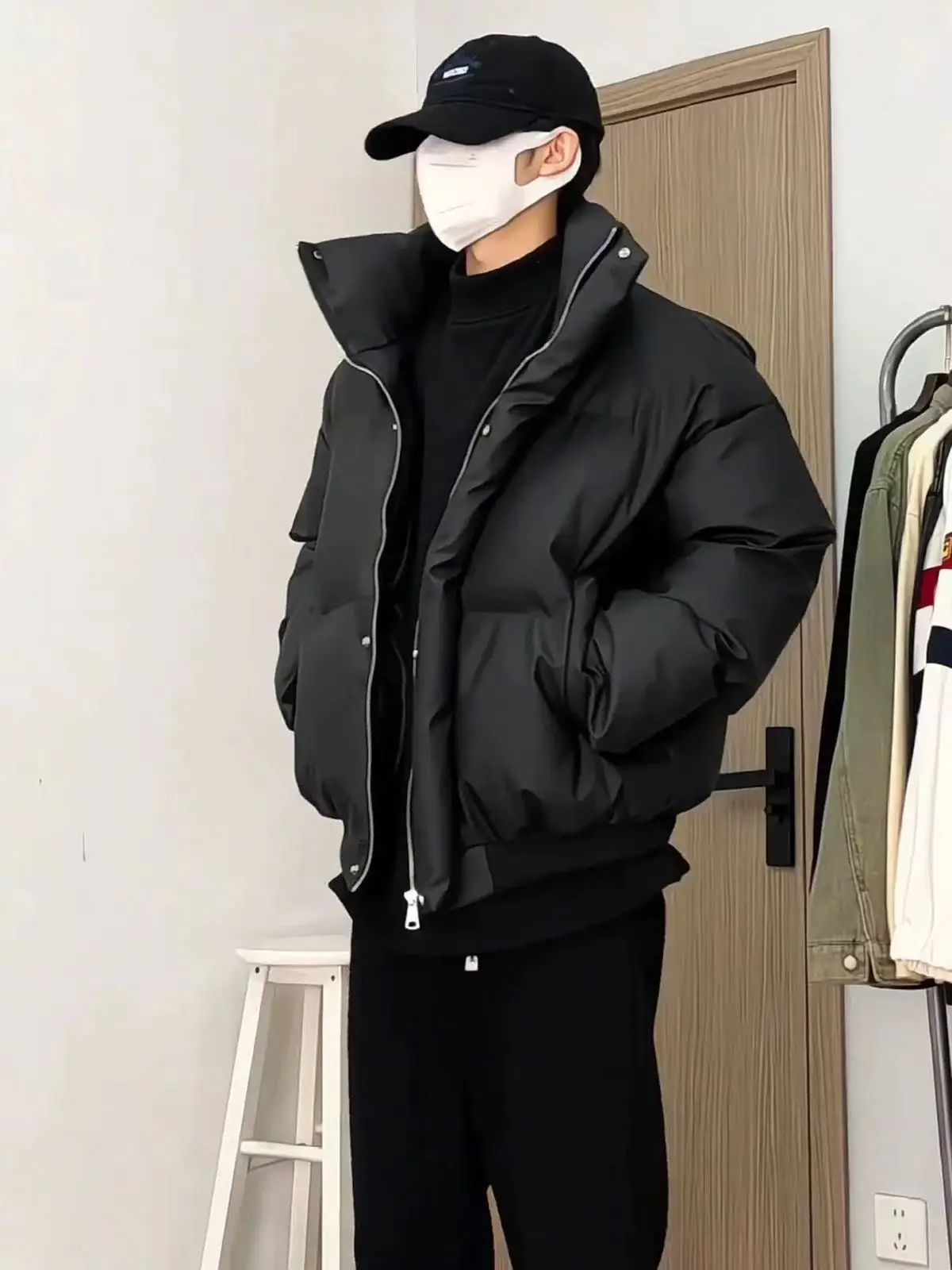 

Men's PU Leather down Jaet ort Loose Fit Stand Collar Winter Warm Faionable Streetwear Bread Sle Outerwear Coat