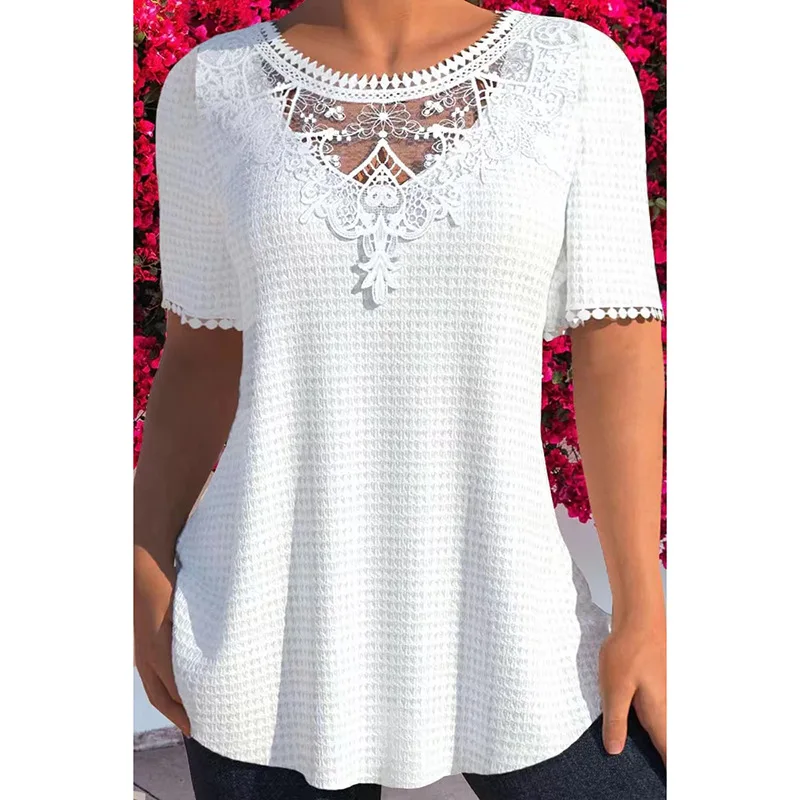 تي شيرت نسائي صيفي 2023 للتنقل مفرغ فضفاض ort Sve round Ne Top Faionable عابر متجدد الهواء كاجوال تي شيرت #1