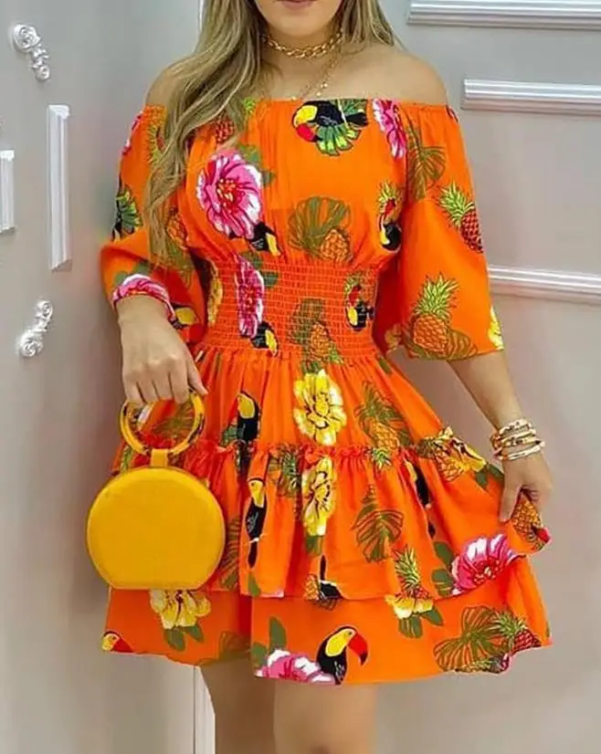 

Summer Sexy and Elegant Women's Dress Tropical Print Off The Shoulder Waist Double Layer Hem Casual Mini Dress