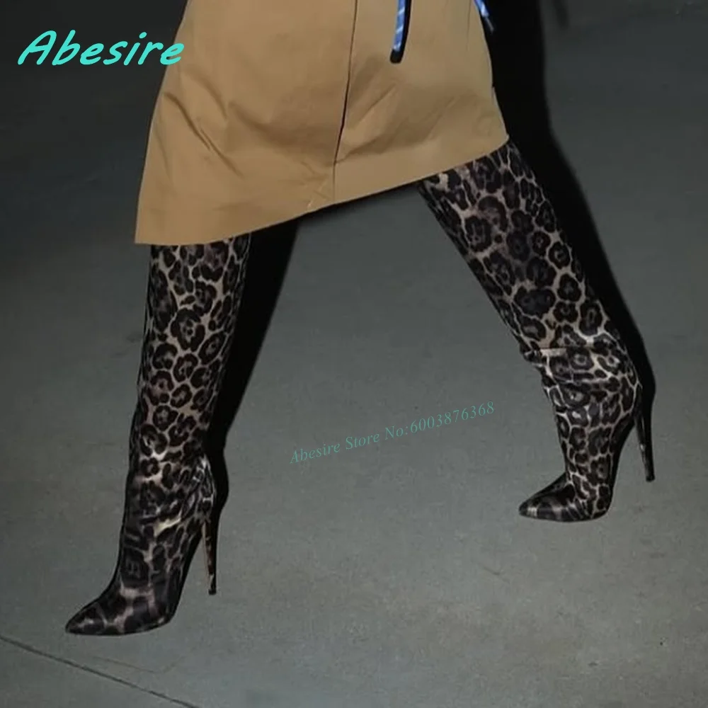 Leopard Pattern Patchwork Knee High Boots Pointed Toe Stiletto Heels Pleated Shoes for Women Spicy Girls Sexy Fashion Show Shoes