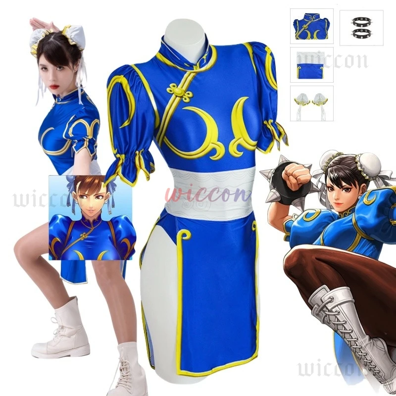 Games Chun Li Cosplay Costumes Sutorito Faita Blue Cheongsam Dress Women Sexy Bodysuit Headwear Suit Halloween Carnival Clothing