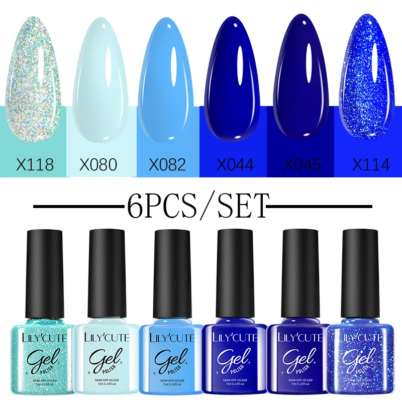 LILYCUTE 6Pcs/Set Blue Series Vernis Semi Permanent UV Gel Soak Off UV LED Sparkly Fluorescent Gel Nail Art Kit All For Manicure