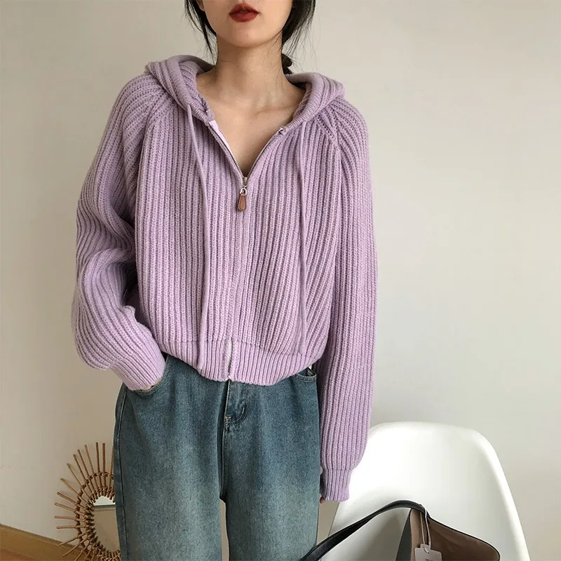 

Korean Sle Lazy Sle Hoodie ort Knitwear Women's Loose Fit Pullover Spring Autumn Color Zipper Closure