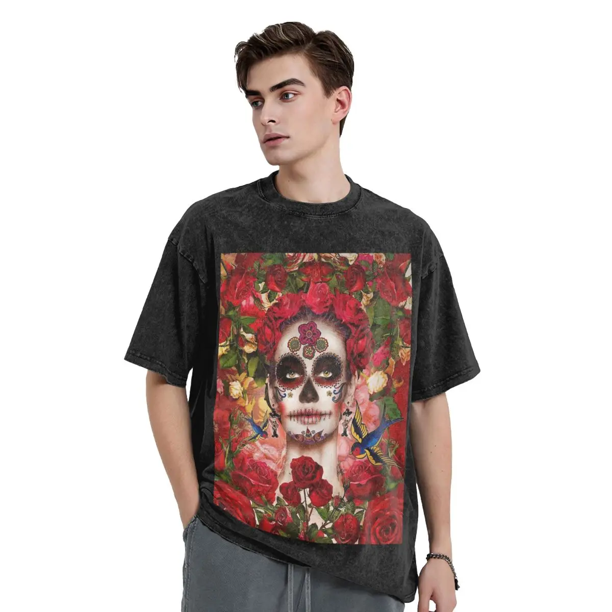 Mexican Catrina Girl Day Of The Dead Sugar Skull Washed T Shirts Short Sleeve Hip Hop T-Shirt Streetwear Tops Tees for Men Women
