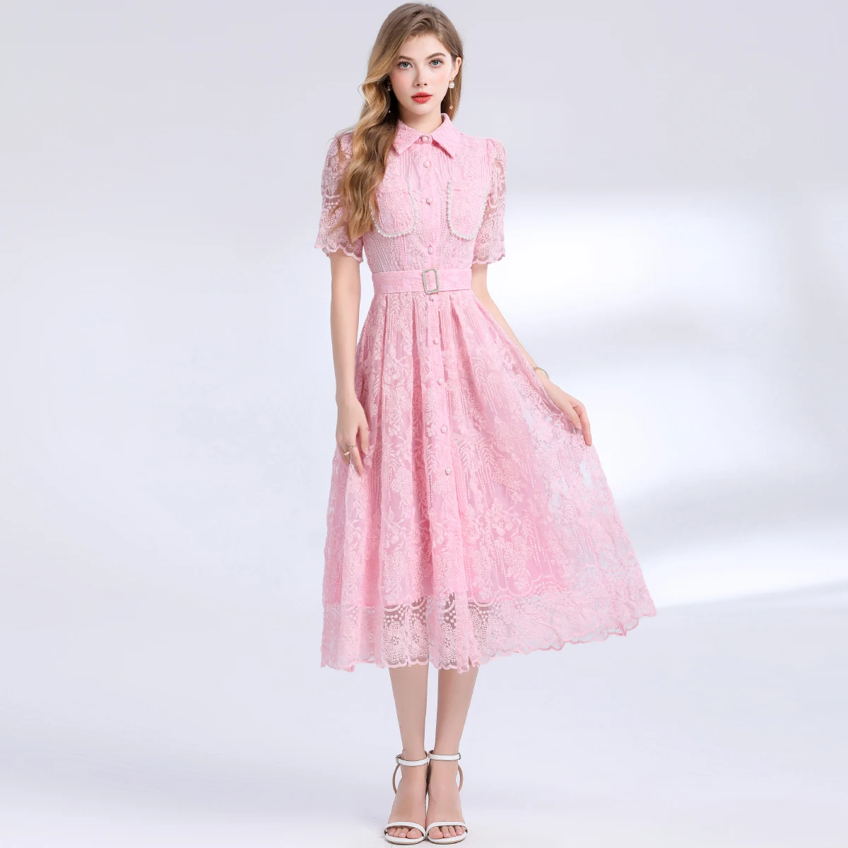 

Women's Lace Embroidered Formal Evening Dress Summer Short Sleeve Single-Breasted Diamond Buttons Belt Luxury Party Long Gown