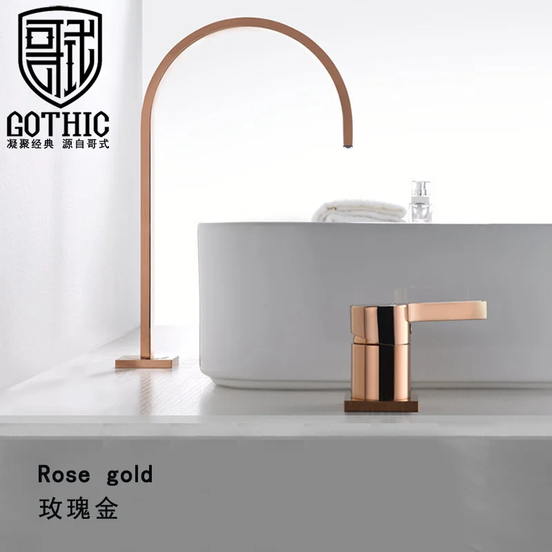 Minimalism Style Bathroom Faucet Rose Gold Deck Mounted Single Handle Black Chrome Widespread Waterfall Wash Basin Mixer Tap