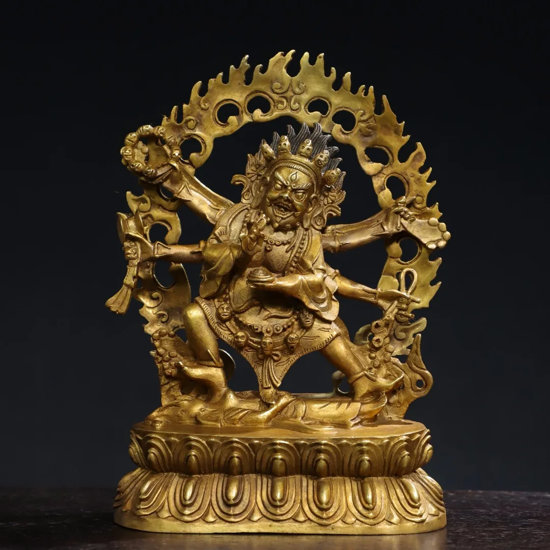 

8"Tibetan Temple Collection Old Bronze Gilded Cinnabar Backlight Six arms Mahakala Lotus Station Buddha Worship Hall