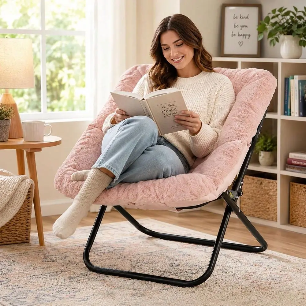 Deluxe Oversized Square Moon Chair For Adults, Soft Faux Fur Folding Lounge Chair With Sturdy Steel Frame, Comfortable Reading