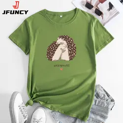 JFUNCY 2024 Summer Women T-shirt Short Sleeve T Shirts Oversized Cotton Woman Top Cute Hedgehog Graphic Tees Female Tshirt