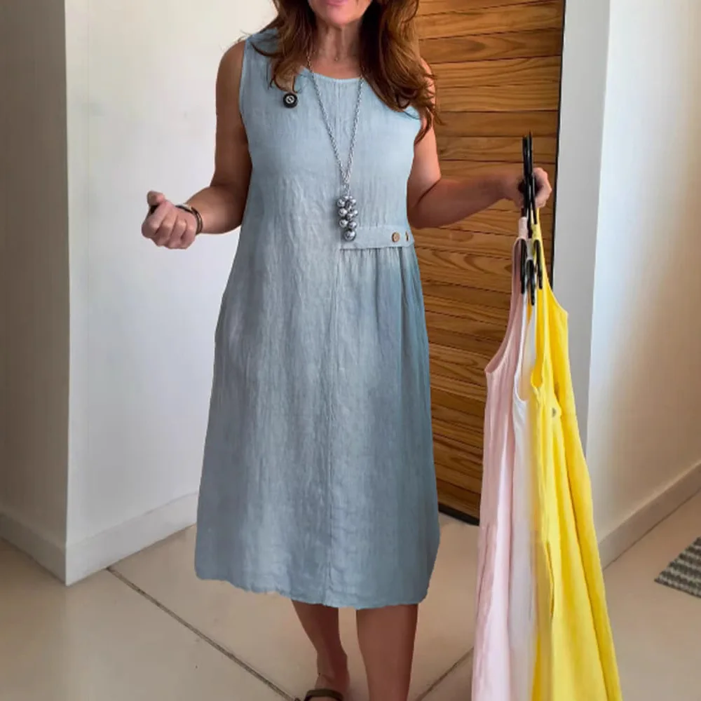 

Amazon Independent Store Wish 2026 Summer European And American Style Button Pocket Sleeveless Round Neck Women's Cotton Linen