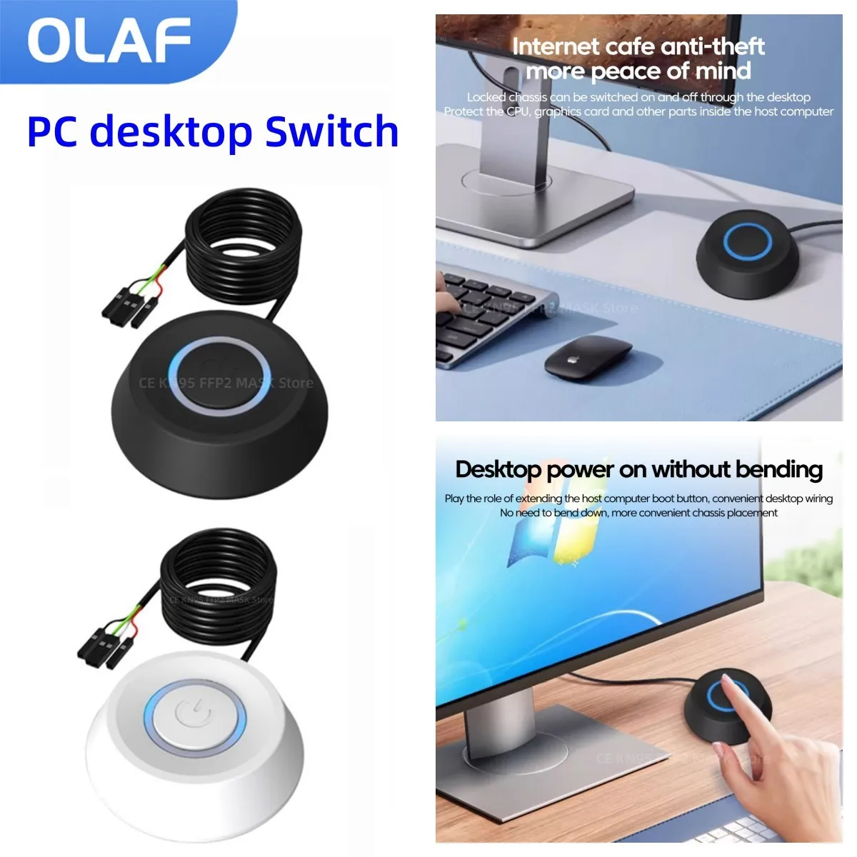 Olaf 1.8m LED Lights Computer Desktop Switch PC Motherboard External Start Power Button Extension Cable for Home Office