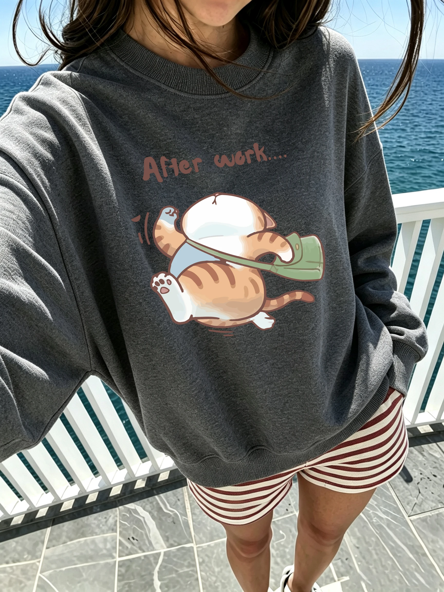 The Cat That Runs After Work Pattern Comfy Clothes Womens Thicken Soft Sweatshirts Street Autumn Tops Sport Loose Sweatshirt