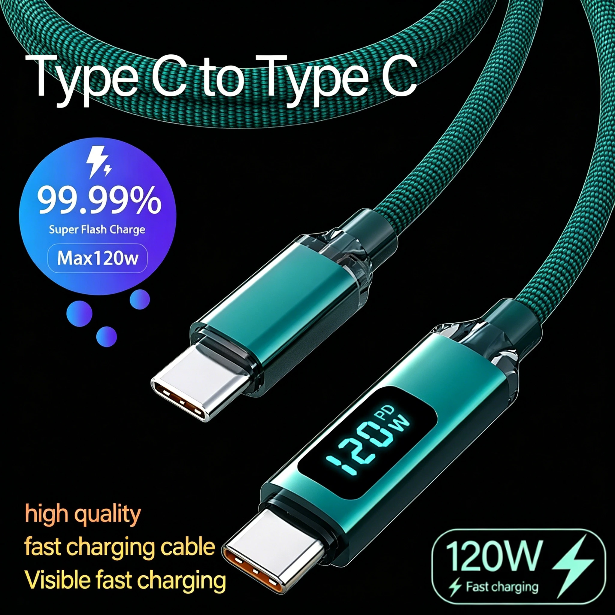 120W 6A Typ-C-auf-Typ-C-Schnellladekabel mit digitaler Anzeige, USB-C-auf-C-Datenkabel für Xiaomi, Huawei, Oppo, OnePlus, POCO