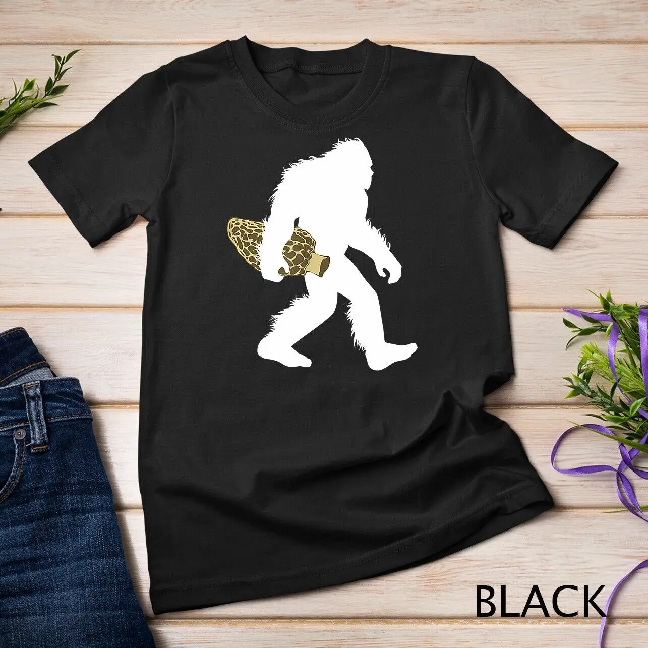 

Bigfoot With Morel Mushroom Shirt, Sasquatch Fungi Tee Gift Unisex T-shirt