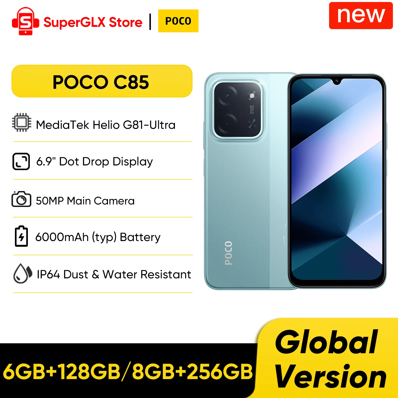 Original POCO C85 Global Version Smartphone MTK Helio G81-Ultra 6000mAh Battery 6.9
