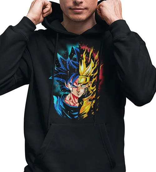 

Black Hoodie Men Anime Characters Duo Print Cotton Streetwear Pullover Loose Fit Unisex Blue and Yellow Hair Graphic Design