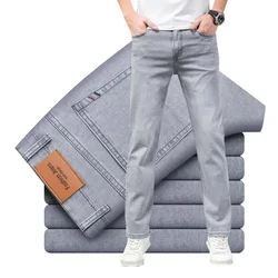 2024 Brand Thin or Thick Material Straight Cotton Stretch Denim Men's Business Casual High Waist Light Grey Blue Jeans
